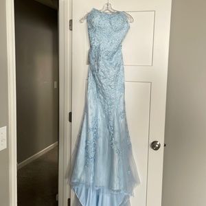 Mermaid Blue Long Prom Dress Backless Evening Dress